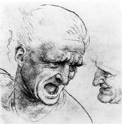 Tanulmányok két katona fejére az „Anghiari csatában”, 1504-2005 körül (fekete kréta vagy faszén papíron) alkotó: Leonardo da Vinci
